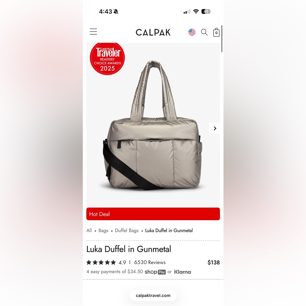Calpak Gunmetal Travel Duffel Bag